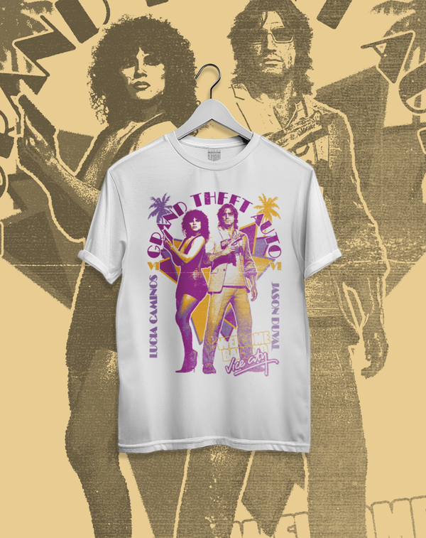 Polera blanca Grand Theft Auto VI - GTA VI Vice City – diseño 1, estampado frontal