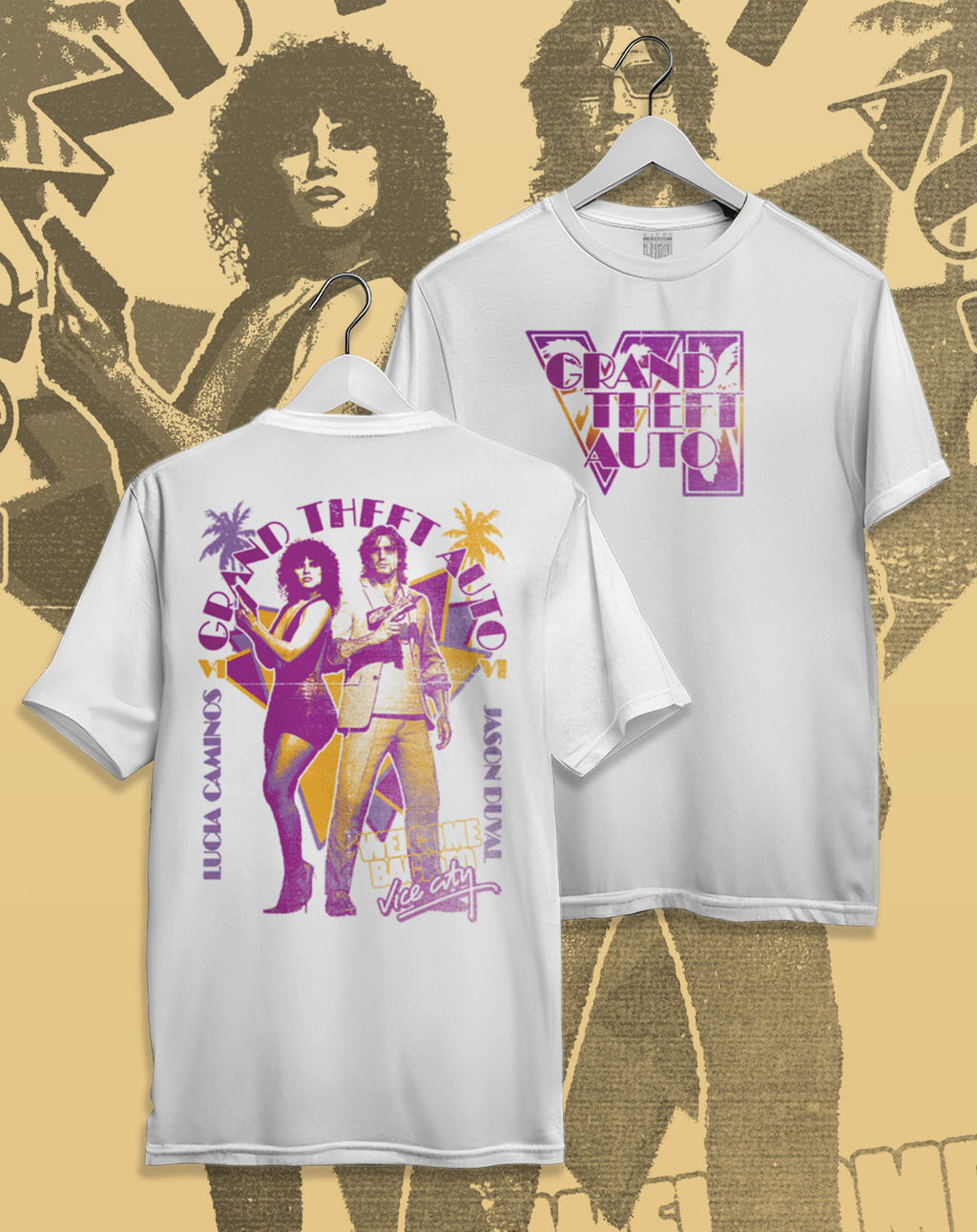 Polera blanca Grand Theft Auto VI - GTA VI Vice City – diseño 1, estampado frontal y en la espalda