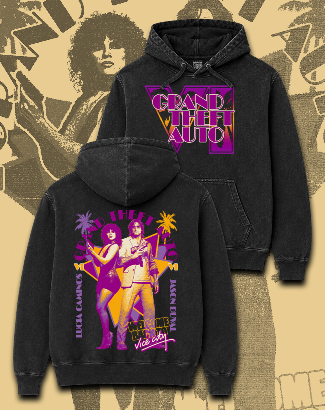 Polerón negro Grand Theft Auto VI - GTA VI Vice City – estampado frontal y en la espalda