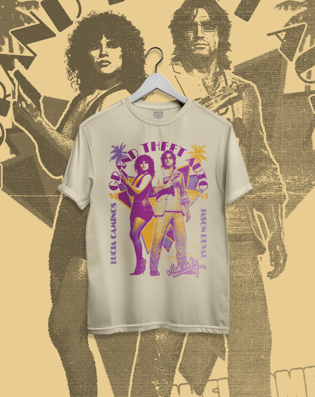 Polera beige Grand Theft Auto VI - GTA VI Vice City – diseño 2, estampado frontal