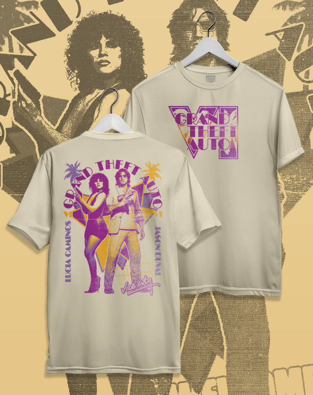 Polera beige Grand Theft Auto VI - GTA VI Vice City – diseño 2, estampado frontal y en la espalda