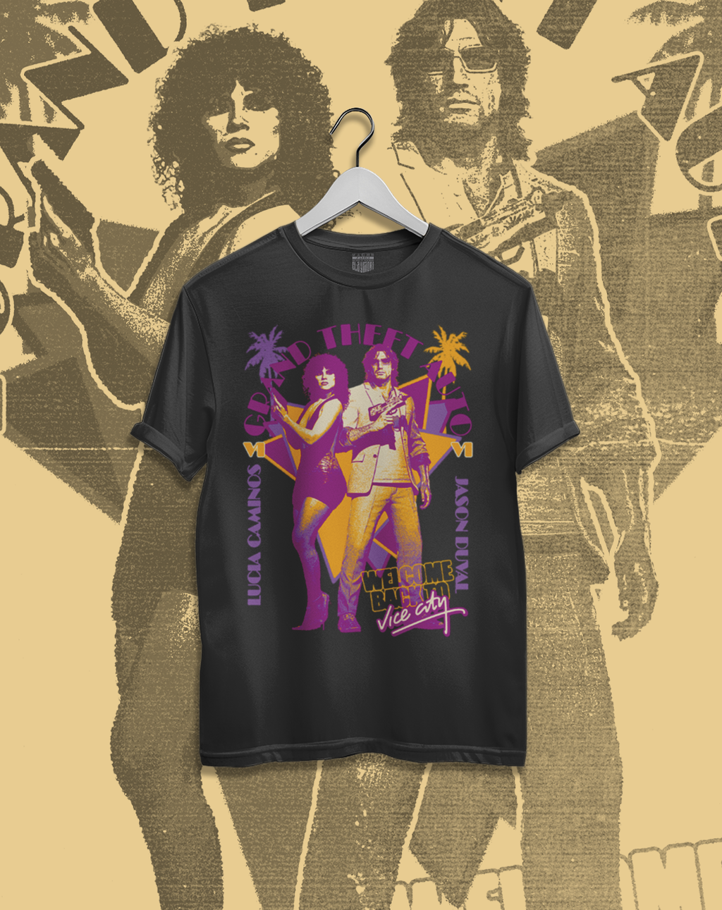 Polera negra Grand Theft Auto VI - GTA VI Vice City – diseño 3, estampado frontal