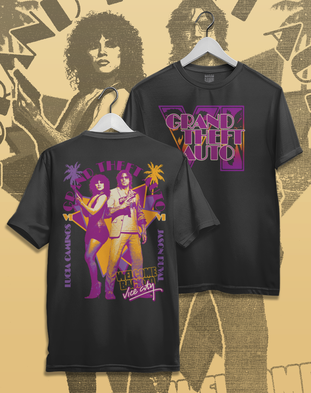 Polera negra Grand Theft Auto VI - GTA VI Vice City – diseño 3, estampado frontal y en la espalda
