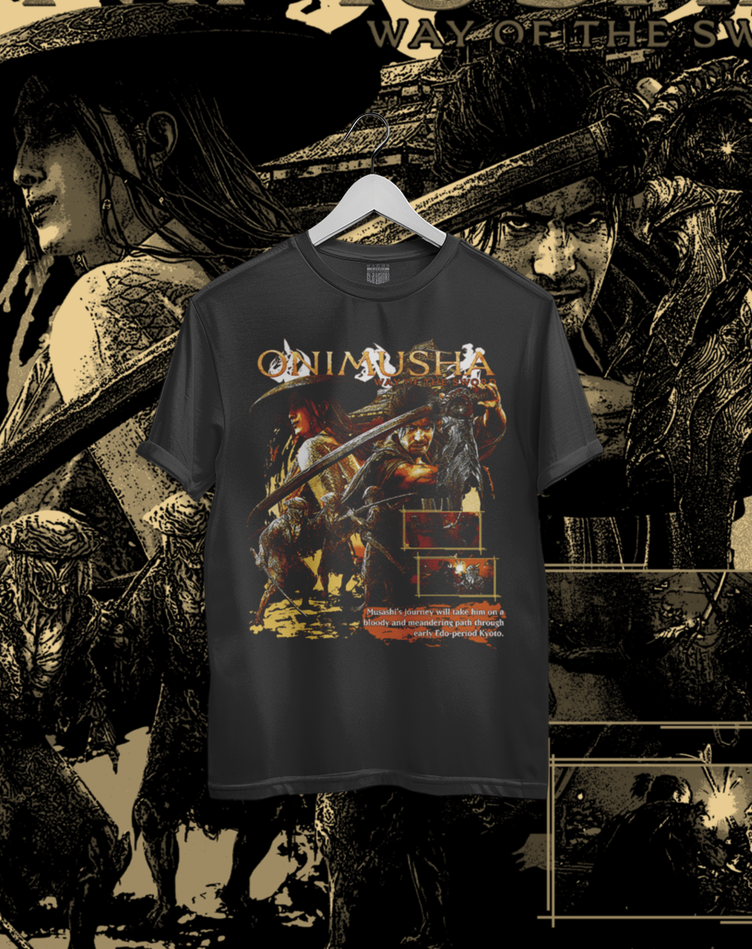 Polera negra Onimusha Way of the Sword - Musashi & Ganryu – estampado frontal