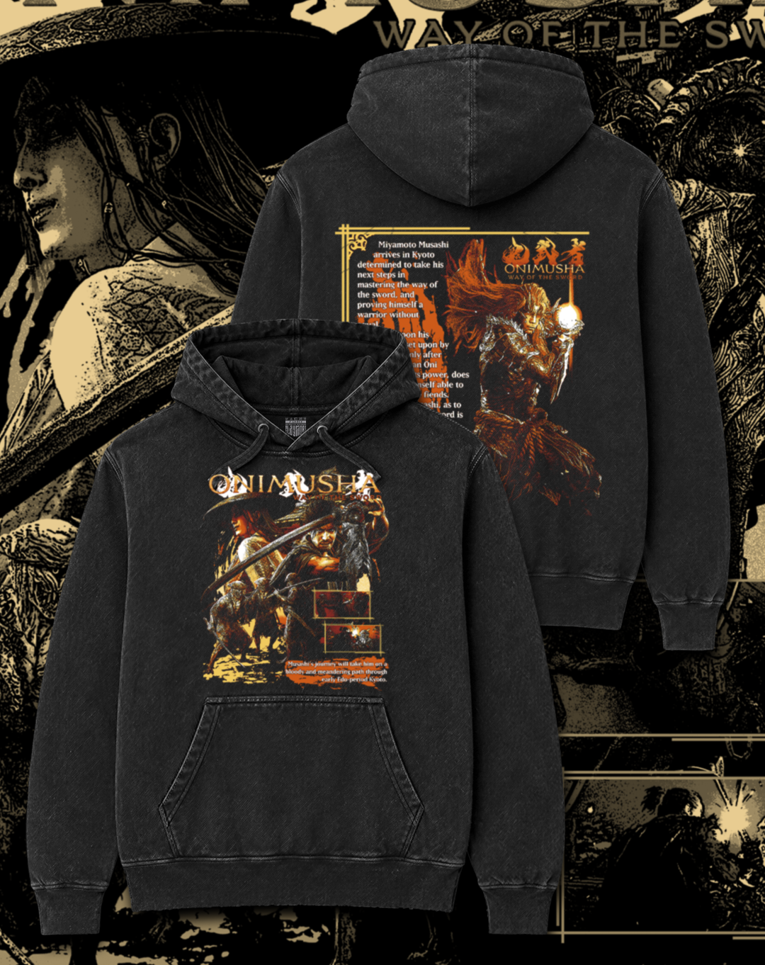 Polerón negro Onimusha Way of the Sword - Musashi & Ganryu – estampado frontal y en la espalda