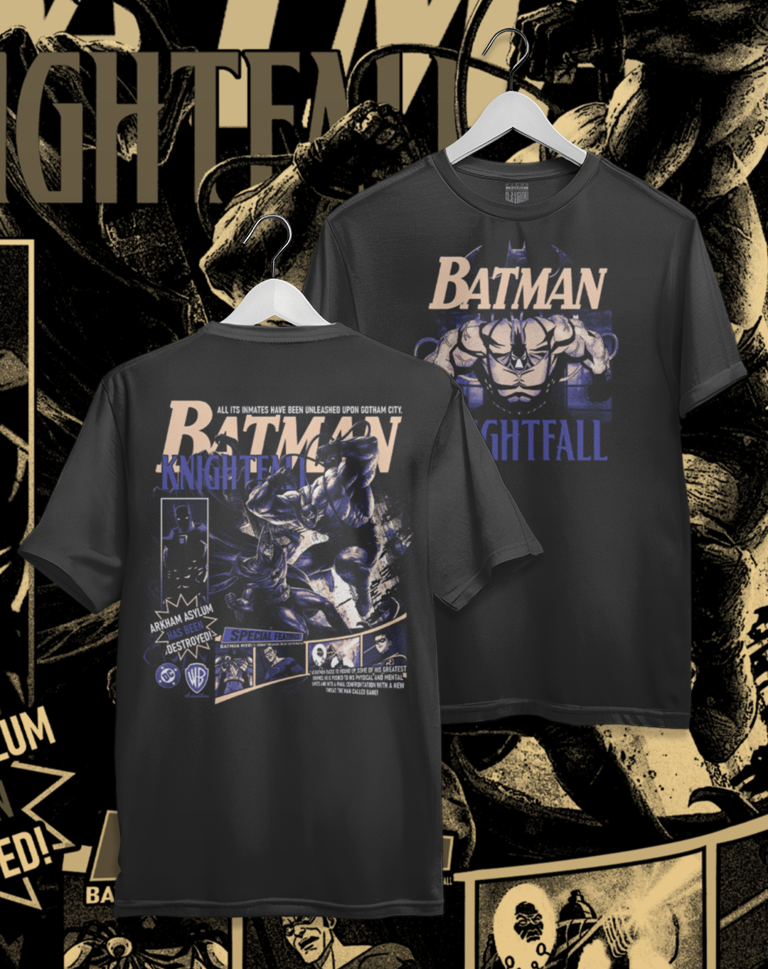 Polera negra Batman Knightfall - La Caída del Murciélago – estampado frontal y en la espalda, versión Bane