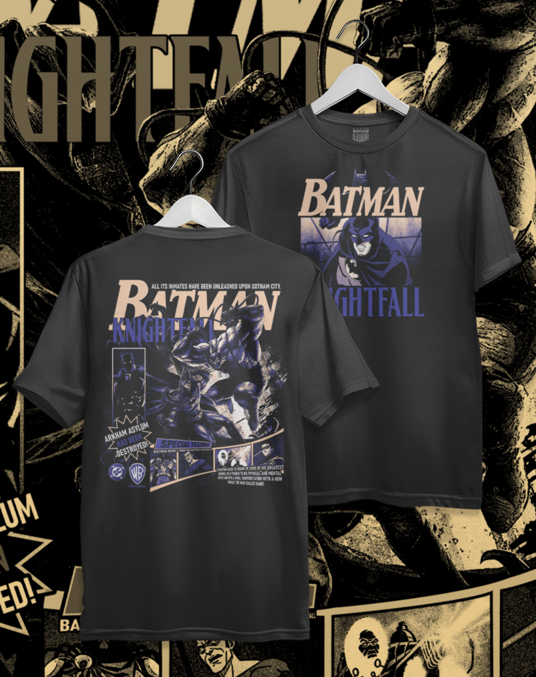 Polera negra Batman Knightfall - La Caída del Murciélago – estampado frontal y en la espalda, versión Batman