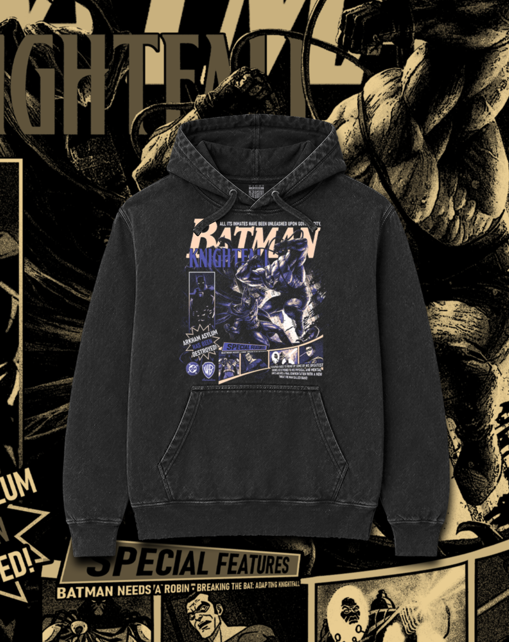 Polerón negro Batman Knightfall - La Caída del Murciélago – estampado frontal