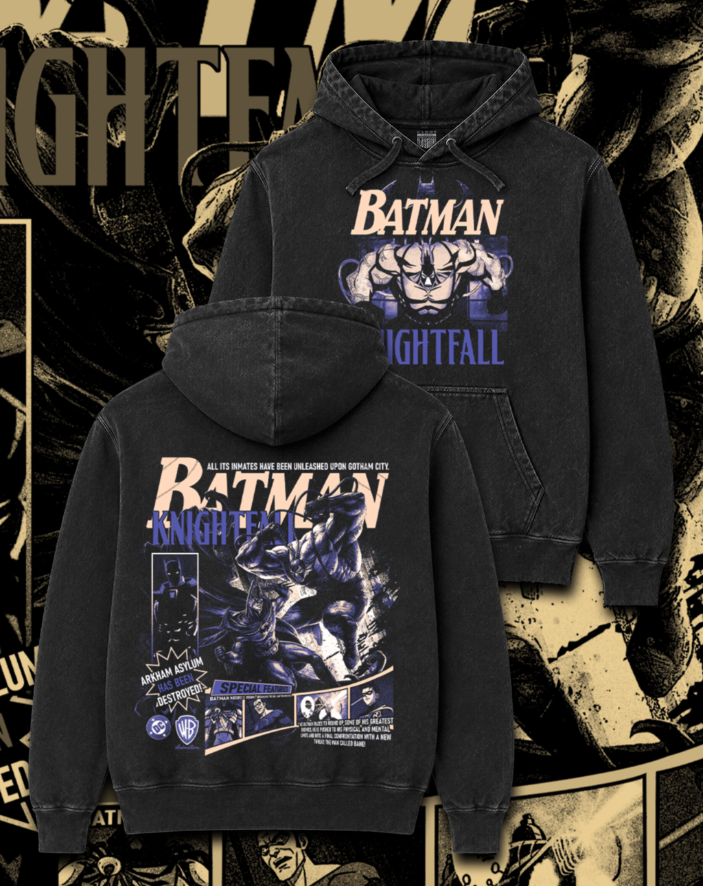 Polerón negro Batman Knightfall - La Caída del Murciélago – estampado frontal y en la espalda, versión Bane