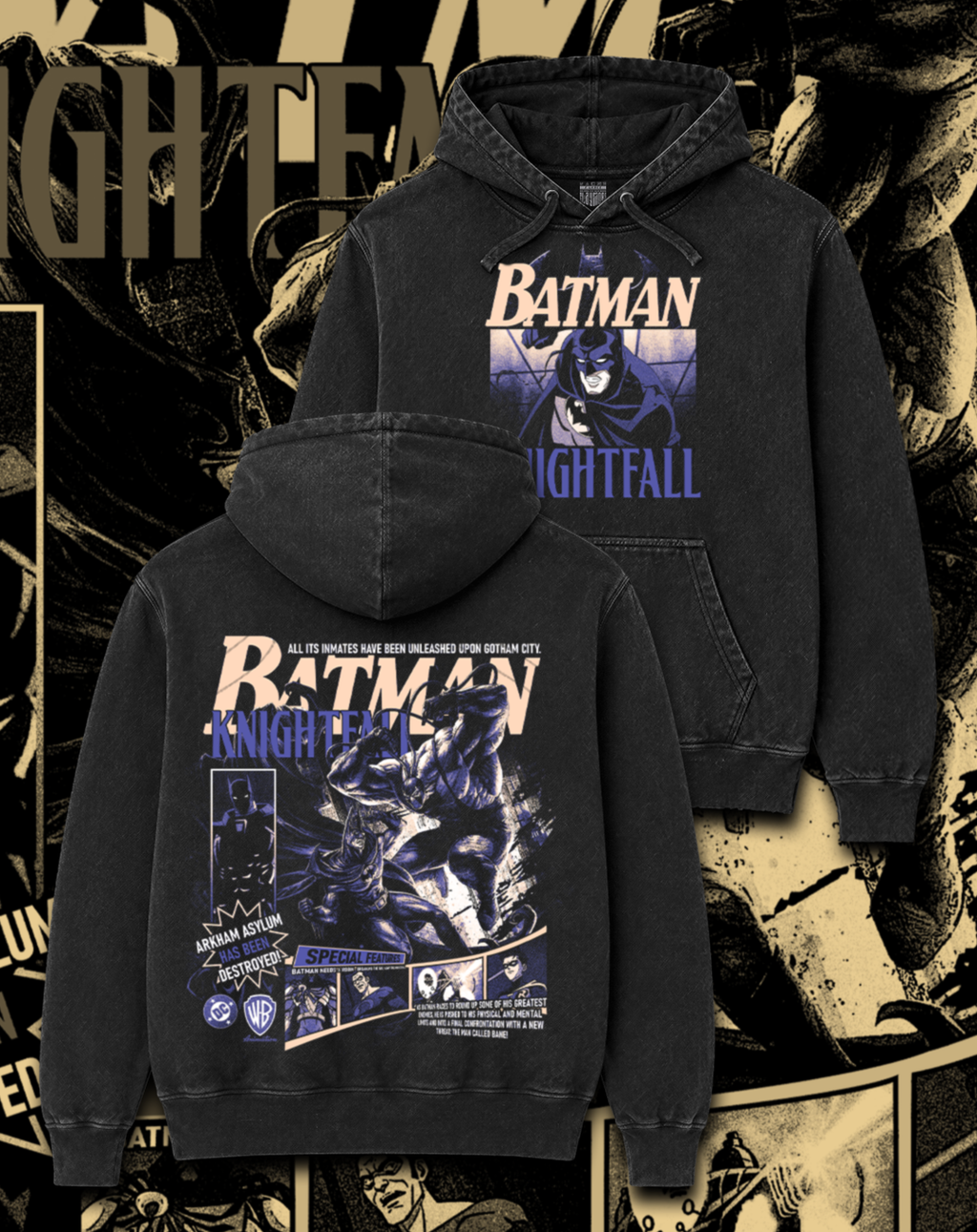 Polerón negro Batman Knightfall - La Caída del Murciélago – estampado frontal y en la espalda, versión Batman