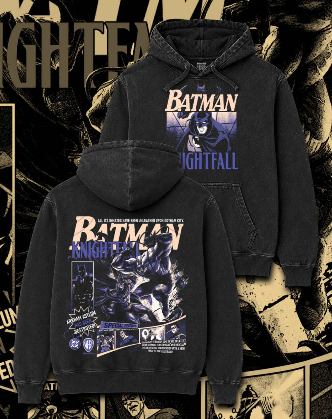 Polerón negro Batman Knightfall - La Caída del Murciélago – estampado frontal y en la espalda, versión Batman